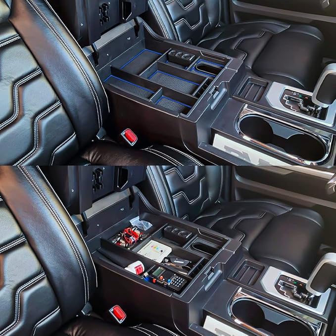 EDBETOS Center Console Tray Organizer Compatible with Toyota Tundra 2014 2015 2016 2017 2018 2019 2020 2021 Accessories, Armrest Secondary Storage Box (Blue Trim)