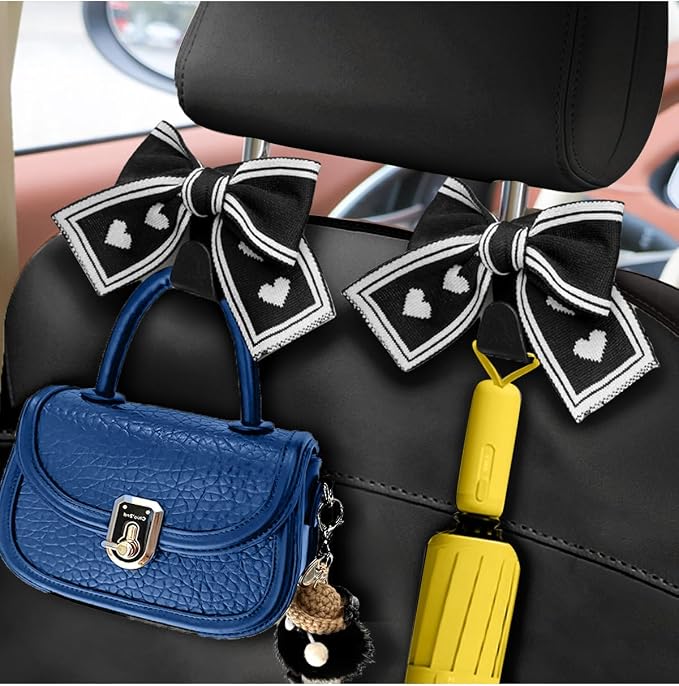 2 Pack Car Purse Hooks, Cute Bow Car Seat Headrest Hook Hanger for Purses and Bags, Space-Saving Car Accessory (Flower)