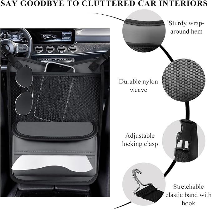 DXNQ Car Organizer Storage Between Seats, Leather Large Capacity Automobile Handbag Hanging Store Content Bag, Auto Console Organizer Holder for Snack Phone Document Storages, Car Accessories (Gray)