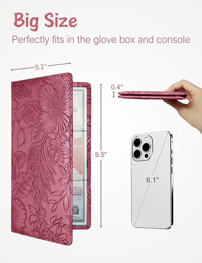 Mymazn Car Registration and Insurance Holder, PU Leather Glove Box Car Organizer with Magnetic Closure, Car Document Holder for Driver's License & Essential Documents (Floral Red)