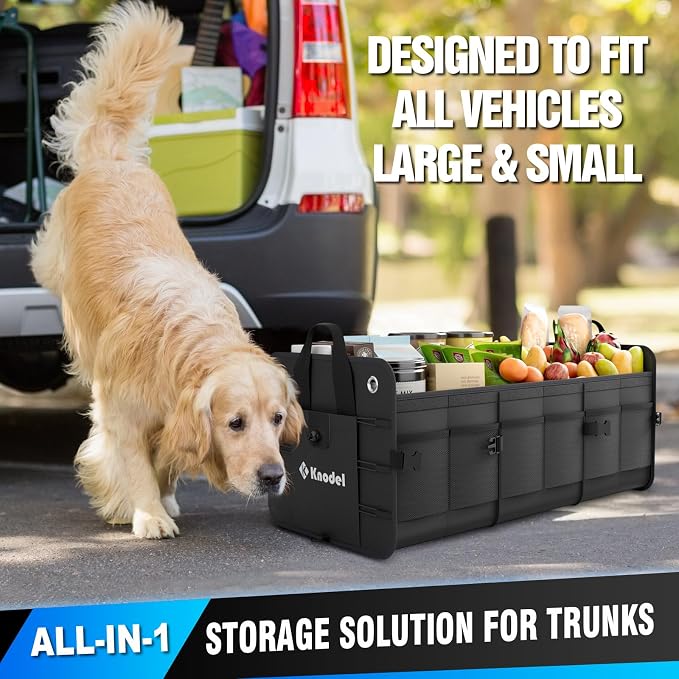 K KNODEL Car Trunk Organizer, Foldable Cover, Heavy Duty Collapsible Truck Storage Organizer, Car Cargo Trunk Organizer with Lid, 3 Compartments, with Straps (Black)