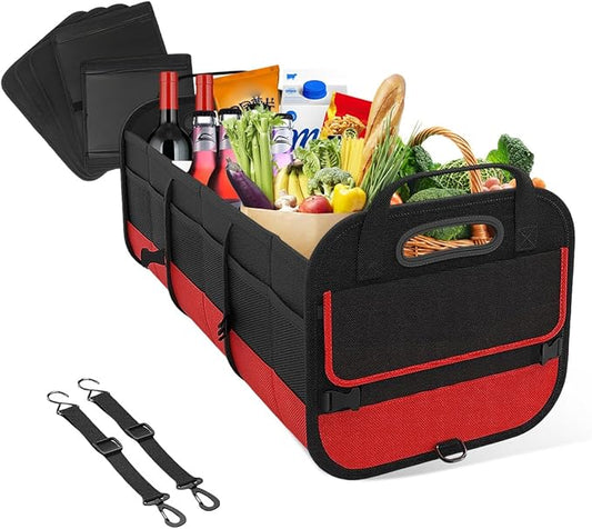 povtii Large Organizer for Car, 95L Stretchable Storage Trunk Organizer with Divided Compartments, Fixed Big Trunk Organizer with Handles & Adjustable Straps, Car Accessories (Black & Red)