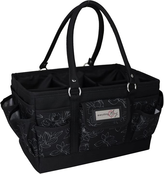 Everything Mary Deluxe Store & Tote Organizer – Black & White Floral Craft Bag with Handle – Collapsible Storage for Scrapbooking, Sewing, DIY Tools & Art Supplies