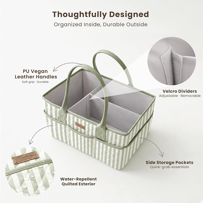 Konssy Quilted Diaper Caddy Organizer, Diaper Caddy Basket with PU Leather Handles, Water-Repellent Nursery Storage Basket, Portable Car Organizer, Registry Search Must Haves (Green Stripe)
