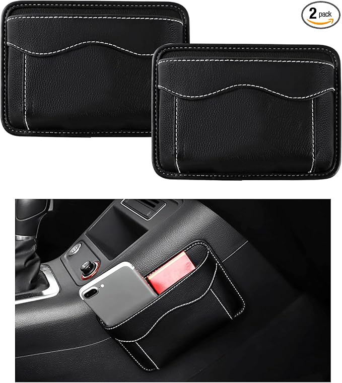 povtii 2 PCS Car Seat Side Pocket Organizer, PU Leather Cell Phone Sunglasses Storage Pocket, Mini Seat Gap Filler Pouch for Auto Seat Door Window Console, Interior Car Accessories (Black)