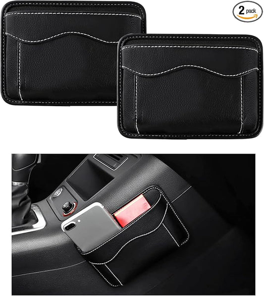 povtii 2 PCS Car Seat Side Pocket Organizer, PU Leather Cell Phone Sunglasses Storage Pocket, Mini Seat Gap Filler Pouch for Auto Seat Door Window Console, Interior Car Accessories (Black)