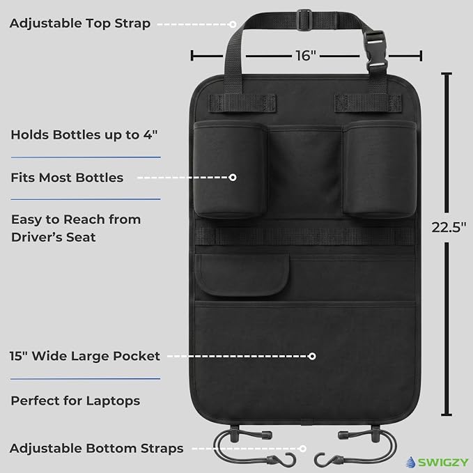 Swigzy Premium Seat Back Organizer Water Bottle Holder & Kick Mat Protector | Large Water Bottle Holders, Cordura Nylon, Laptop Pocket, Sag-Free Adjustable Fit