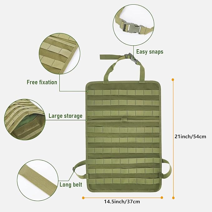 tactical car seat back organizer and storage truck seat covers with a Molle Vehicle Panel and 5 Different Size Molle Pouches for most models such as Jeep,SUV,Pickup (Army green)