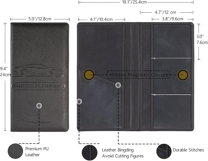 TOURSUIT Car Registration and Insurance Card Holder, Vehicle License Document Glove Box Compartment Organizer, Interior Car Accessories for Women Men (Black)