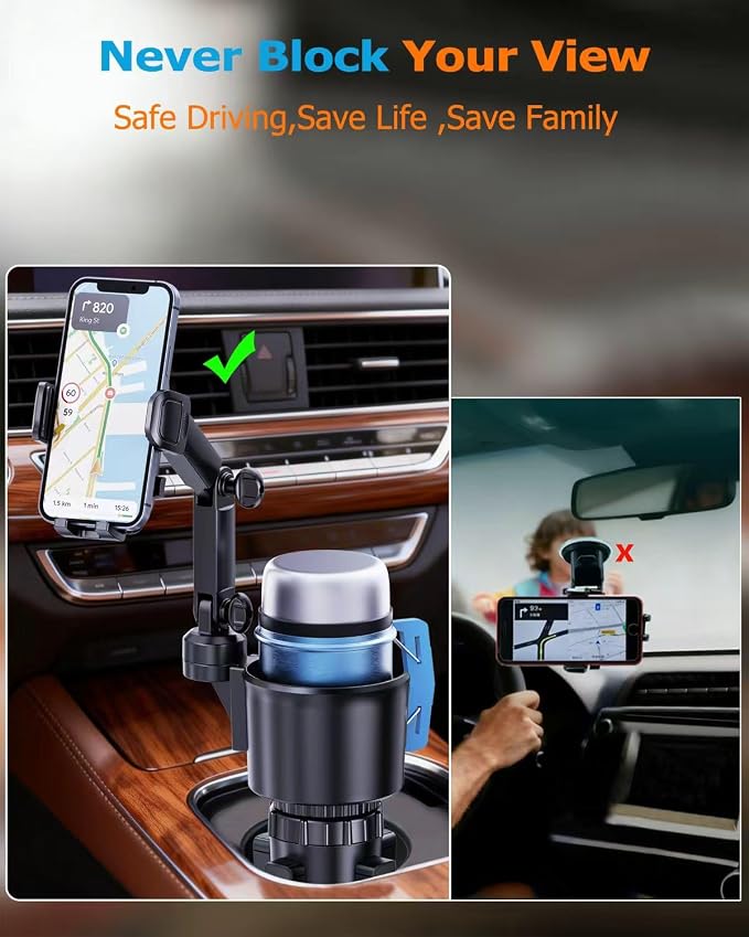 Cup Phone Holder for Car, 2 in 1 Universal Cup Holder Expander with Adjustable Base & Removable Long Arm, 360° Rotation Phone Mount for Car & Truck - Compatible with All Smartphones
