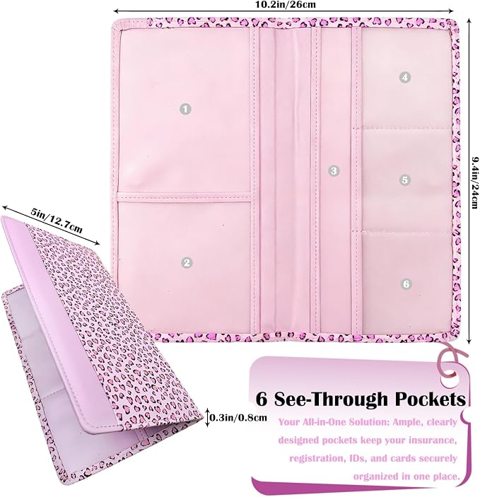 Car Registration and Insurance Holder with Magnetic Closure, Universal Document Organizer for License, Insurance Cards & Glove Box Storage (Leopard-Pink)