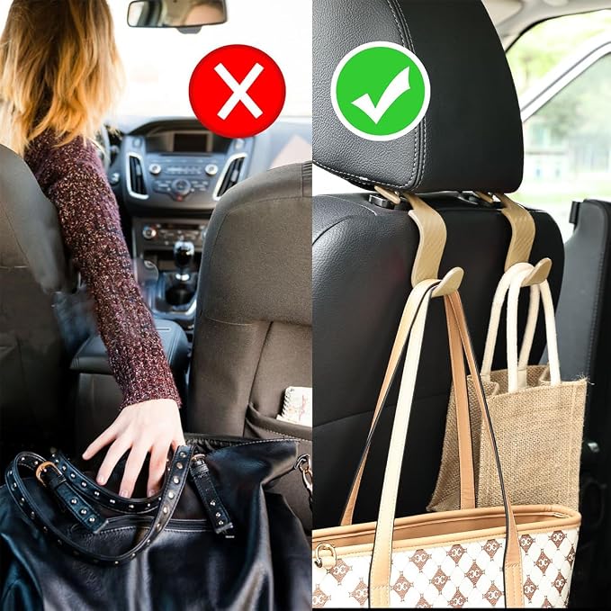 4PCS Car Seat Headrest Hooks, Auto Back Seat Hanger Holder, Durable Stylish Vehicle Organizer Universal Car Interior Accessories, Storage Hooks for Purses, Bags, Clothes (Carbon Fiber/Beige)