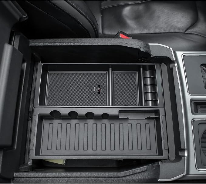 JDMCAR Compatible with Ford F150 Accessories (2015-2020) /F250 F350 F450 (2017-2022) / Expedition 2018-2022 Center Console Organizer, ABS Material Insert Tray Storage Box- (Bucket Seats ONLY)- Black