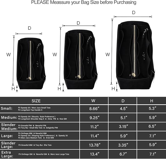 ZTUJO Purse Organizer Insert, Felt Bag Organizer with Metal Zipper, Handbag & Tote Shaper, For Speedy Neverfull Tote, 7 Sizes