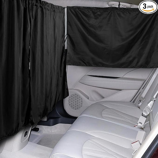 Set of 3 Car Privacy Curtains - 95% Light Blocking Fabric Rear Seat & Side Windows Divider Curtain Baby Shades, Wide Sedan SUV Sunshade Screen Covers for Travel Camping Nap Sleeping