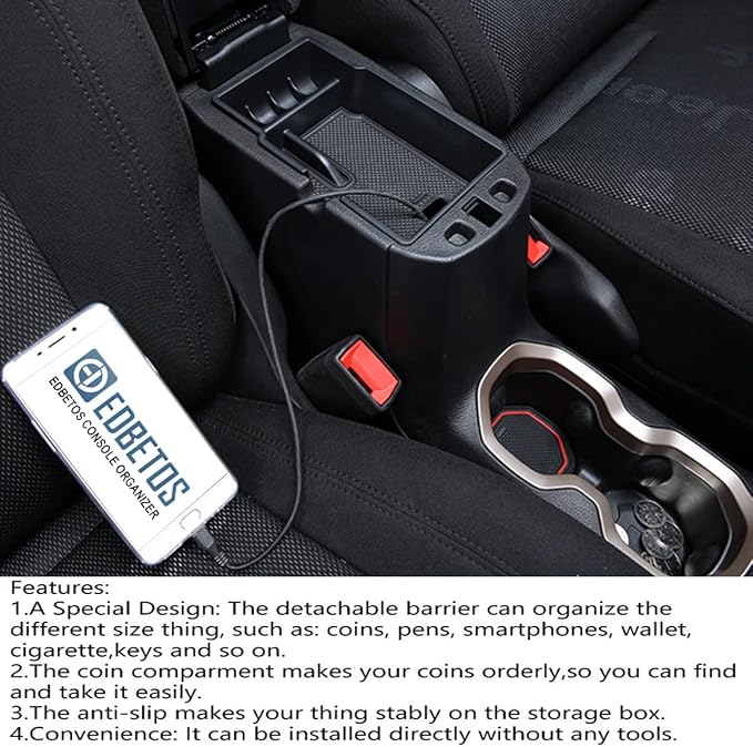 EDBETOS Center Console Organizer Tray Compatible with Jeep Renegade Accessories 2015-2019 2020 2021 2022 2023 Armrest Glove Box Secondary Storage (Black Line)