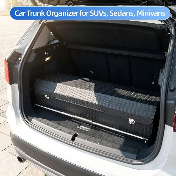 SUV Trunk Organizers, Sturdy Leather Trunk Storage Organizer with Lid & Push-pull Handle, Large Capacity Waterproof Cargo Storage Box for BMW Audi Civic Sedan (39.7 x 11.4 x 12.2in)
