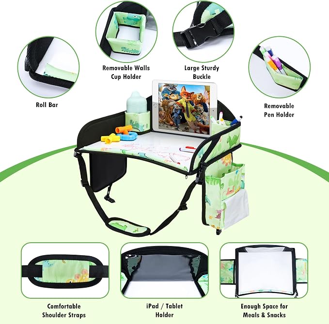 Kids Travel Tray, 3PCS Car Seat Tray for kids Travel, Toddler Road Trip Essentials With Drawing Kit, Toddler Lap Desk Organizer for Car, Carseat Table for Airplane