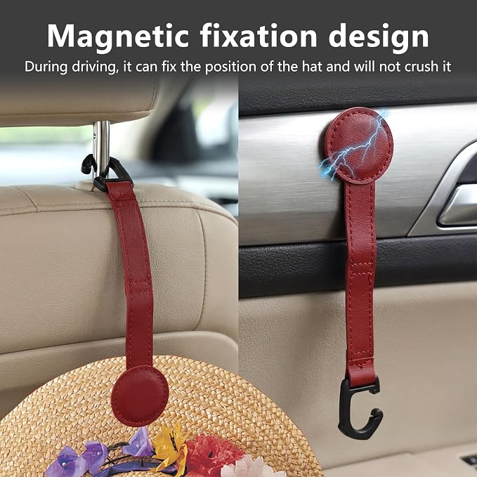 Magnetic Hat Clip Set for Travel, 3 Pcs Leather Hat Holder with Headrest Hook, Cowboy Cap Organizer for Truck SUV Travel, Multi-Purpose Storage Clips, Black Brown Burgundy
