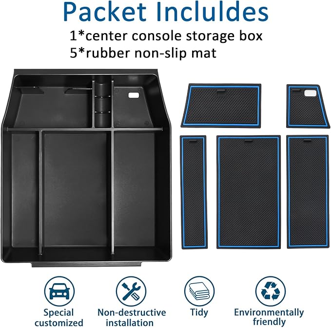 Center Console Organizer Tray for Ford F150 2021 2022 2023 2024 Accessories Interior Secondary Storage Armrest Box Insert Hidden Cubby Drawer (Full Console w/Bucket Seats ONLY) (Blue Trim)