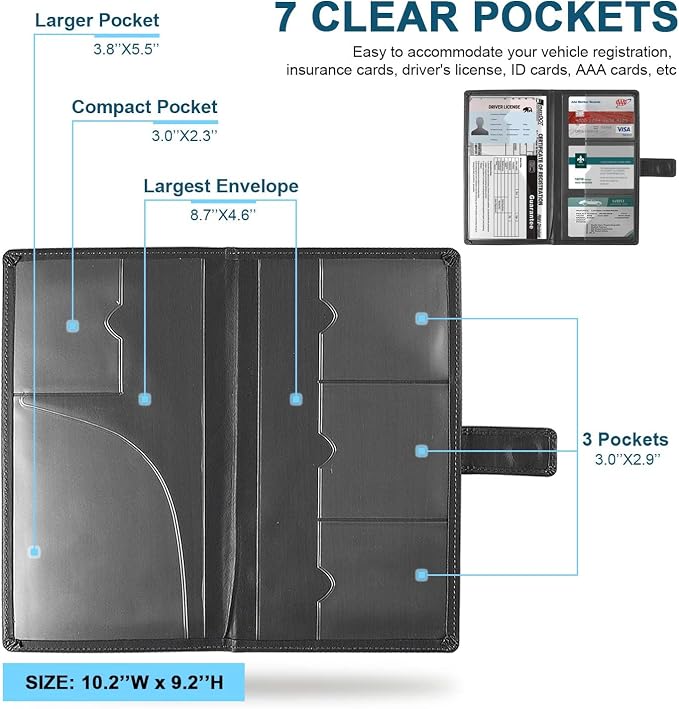 GNEGNI Car Registration and Insurance Holder, Premium PU Leather, 7-Pocket Vehicle Glove Box Car Organizer with Magnetic Closure for Driver License, Cards, 5.12" x 9.25