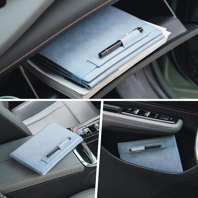 VULKIT Car Registration and Insurance Card Holder Vehicle Glove Box Organizer Leather Tri-fold Design for Car Keys, ID Holder, Essential Documents Blue