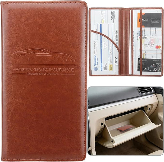 Car Registration and Insurance Holder, Premium Pu Leather Vehicle Glove Box Organizer - for Driver License, Cards & Essential Documents (L-Brown)