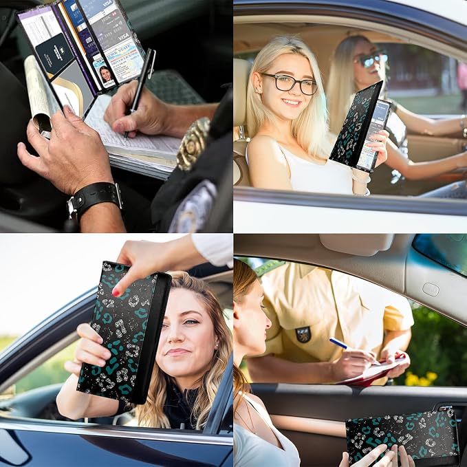 Car Registration and Insurance Holder with Magnetic Closure, Universal Document Organizer for License, Insurance Cards & Glove Box Storage (Leopard-Green and Silver)