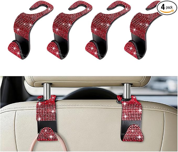 4PCS Bling Car Seat Headrest Hooks, Crystal Rhinestone Vehicle Back Seat Hanger Holder, Auto Interior Headrest Hanging Storage Organizer for Purse Handbag Coat, Universal Fit (Red)