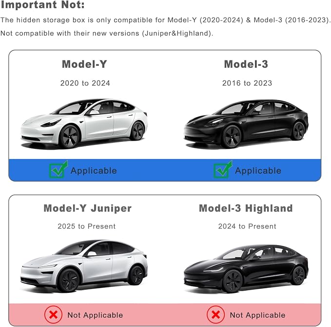 Armrest Hidden Storage Box for Tesla Model Y (2020-2024) & Model 3 (2016-2023), Center Console Armrest Secret Compartment, Not for Model Y Juniper(2025/26) & Model 3 Highland (2024/25/26)