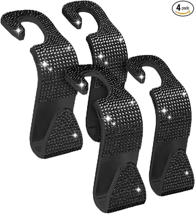 Sparkling Car Seat Hooks, 4 Pack, Black Purse Holder for Car Headrest, Chic Automotive Accessories for Women Essentials Handbag Clothes Coats Grocery Bags