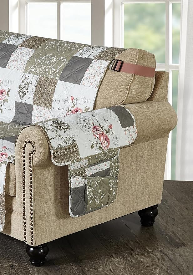 Brilliant Sunshine Pink Rose and Grey Toile Patchwork Couch Armrest Organizer, Non Slip Armchair Caddy for Sofa Recliner, Washable Remote Control Holder, Storage for Magazine, Phone, iPad (35"×13")
