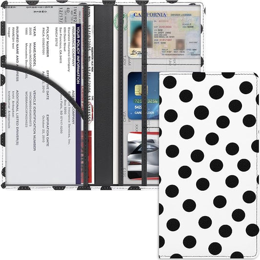 LumiMokki Premium Car Registration & Insurance Card Holder with Magnetic Shut, Vehicle Glove Box Car Organizer - For Documents, Cards, License (Polka dots)