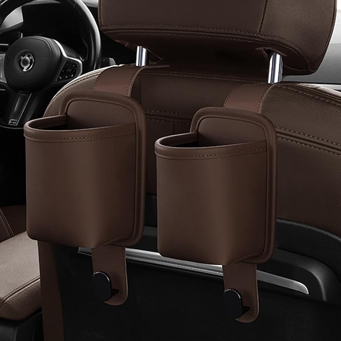 2-Pack Car Seat Back Cup Holder Organizer, Brown | Faux Leather, With Hooks, Universal Backseat Storage, For Drinks, Bottles & Travel Accessories
