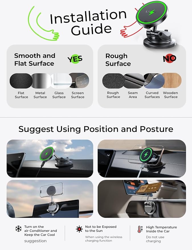 LISEN for 15W Magsafe Car Mount Charger, Magnetic Phone Holders for Your Car, Magnetic Wireless Car Charger, Suction Phone Mount for Car Accessories, Car Mount for iPhone 17 Pro Max 16 15 14 13 12 | [Lever Lock & Easiest Mount] Magsafe Car Mount Charge...