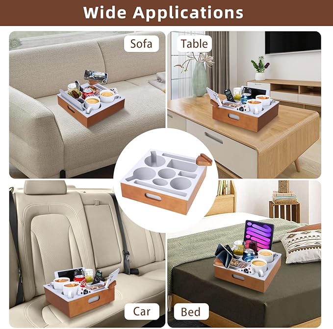 Hanaoyo Couch Cup Holder Tray, Soft Silicone Wooden Couch Caddy with Carrying Handle, Sofa Cup Holder for Bed Car Beach Organizer, Anti-Spill Sofa Cup Holder for Snacks Beverage Remote (Brown)