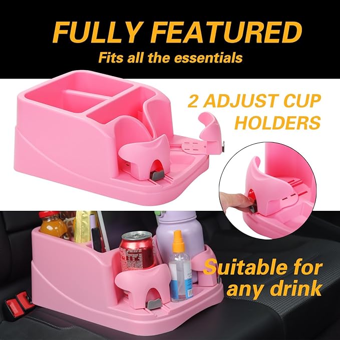 Large Size Plastic Console for Cars, Trucks, Minivans, SUVs with 2 Adjustable Drink Cup Holders pad Book Holder, Back Bench and Front Seat or Floor Middle Console Universal Vehicle Organizer Pink