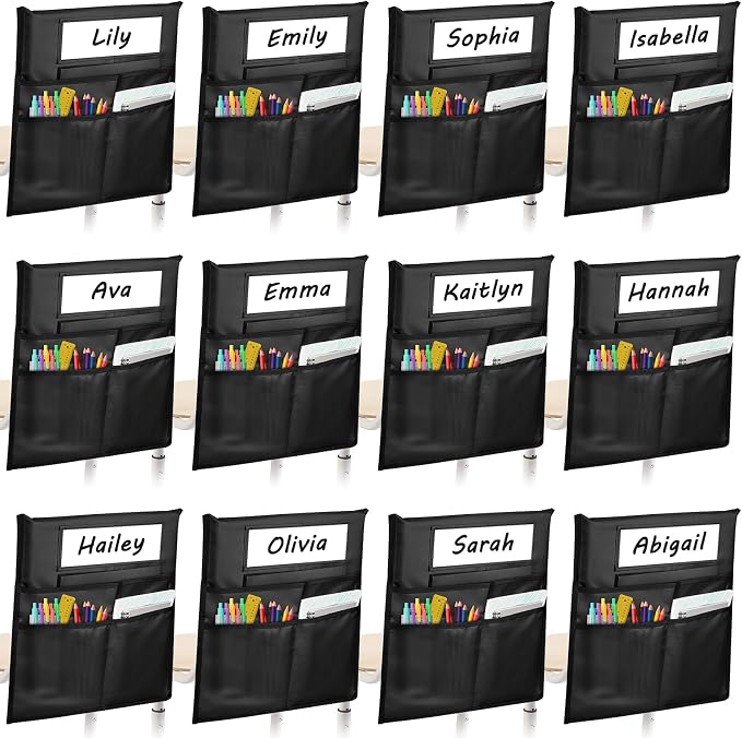 12 Pack Chair Pockets for Classrooms, Black Chair Pocket with 3 Heavy Duty Storage Pocket, Chair Back Buddy Pockets with Name Tag Slot, Chair Back Storage Organizer for Classroom, Home, 16 x 19 Inch