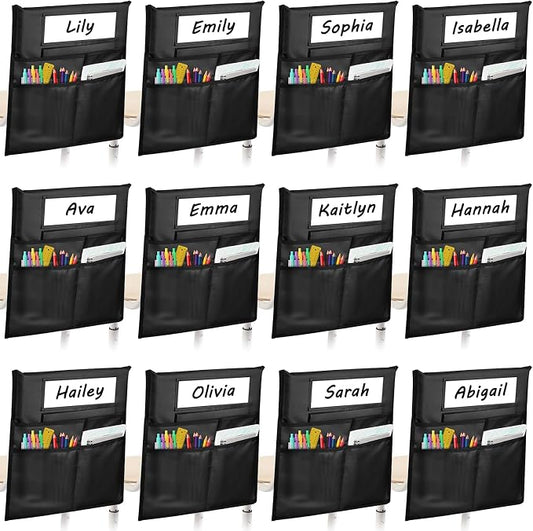 12 Pack Chair Pockets for Classrooms, Black Chair Pocket with 3 Heavy Duty Storage Pocket, Chair Back Buddy Pockets with Name Tag Slot, Chair Back Storage Organizer for Classroom, Home, 16 x 19 Inch