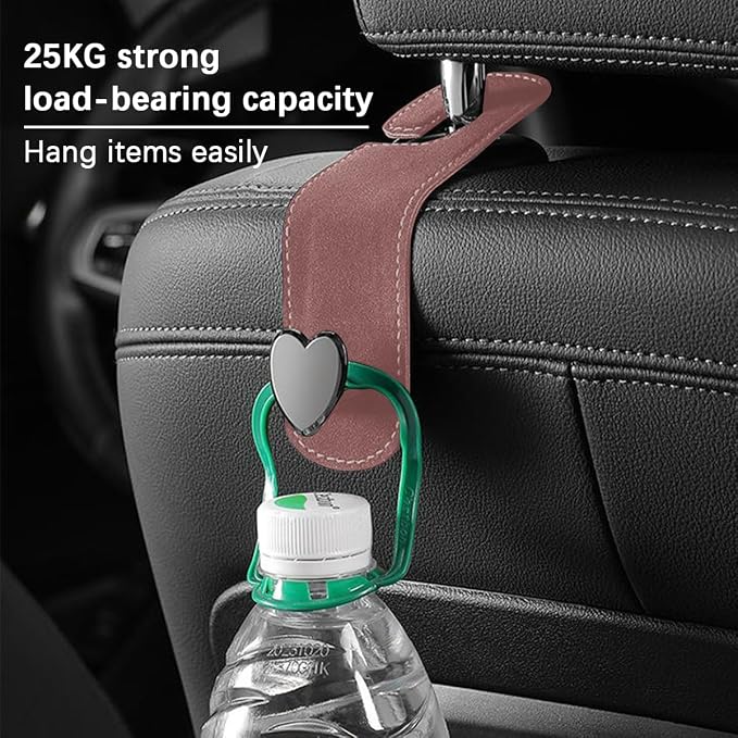 Car Seat Headrest Hook, 2PCS Suede Leather Cute Love Heart Type Vehicle Storage Hanger for Purse Bag, Auto Interior Seat Back Organizer Accessories, Universal for SUV Sedan Truck (Brown)
