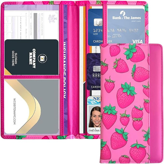 Car Registration and Insurance Holder with Magnetic Closure, Universal Document Organizer for License, Insurance Cards & Glove Box Storage (Strawberry-Hot Pink)