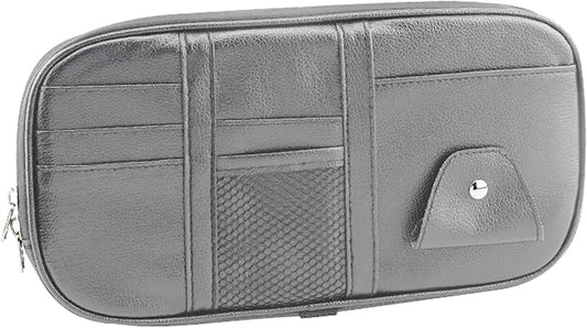 Car Sun Visor Organizer, Sunglass Holder and Storage Pocket, Card Cash Pouch with Multi-Pocket Net Zipper, Case Bag for License Pen Key, Auto Accessories for Truck, SUV, Van (Gray)