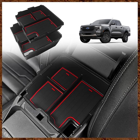 Muslogy Center Console Organizer Compatible with Ford Ranger 2024 2025 2026 & Raptor Accessories Two-Layer Storage Box Insert Tray Secondary Storage Divider Armrest Tray ABS Material Glove Box (Red)