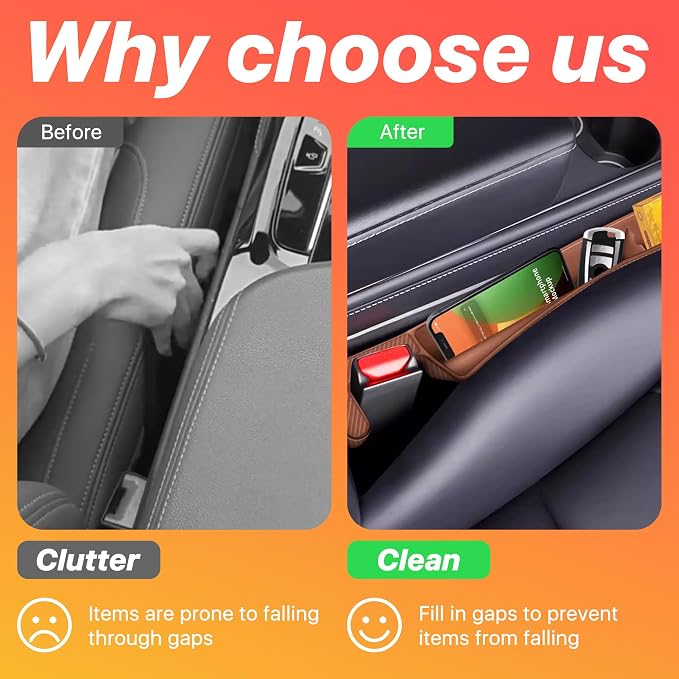 2PCS Car Seat Gap Filler, Anti-Drop Vehicle Console Crevice Blocker with 2 Storage Areas, Seat Side Seam Organizer Plug from Droping, Universal Automotive Interior Accessories (Brown)