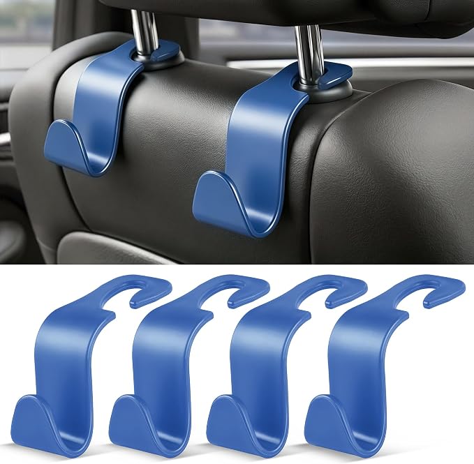 SINGARO 4 Pack Car Seat Headrest Hooks, Vehicle Back Seat Hanger Storage Organizer for Purse Handbag Backpack Coat Grocery, 360° Rotating Heavy Duty Holds 44lbs, Blue