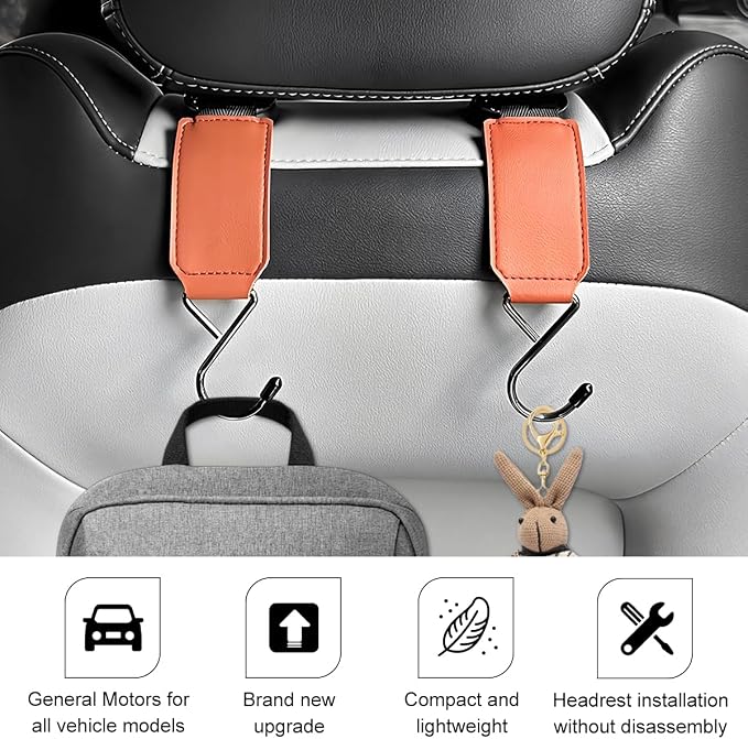 HZEL Car Seat Headrest Hook, 2PCS Multifunctional Vehicle Seat Back Hanger Holder for Purse Bags Coat, Automotive Interior Organizer Storage Hook, Universal for Automobile RV Truck (Orange)