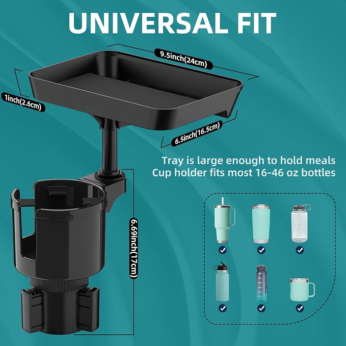 TYKOR Car Cup Holder Tray, 9.5" Car Food Tray Table for Eating | Cup Holder Expander Adapter for Car, Fits Yeti, Hydro Flask, Other Bottles and Mugs in 16-46 oz, Car Road Trip Essentials