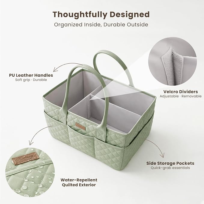 Konssy Quilted Diaper Caddy Organizer, Diaper Caddy Basket with Vegan Leather Handles, Water-Repellent Nursery Storage Basket, Portable Car Organizer, Registry Search Must Haves (Fog Green)