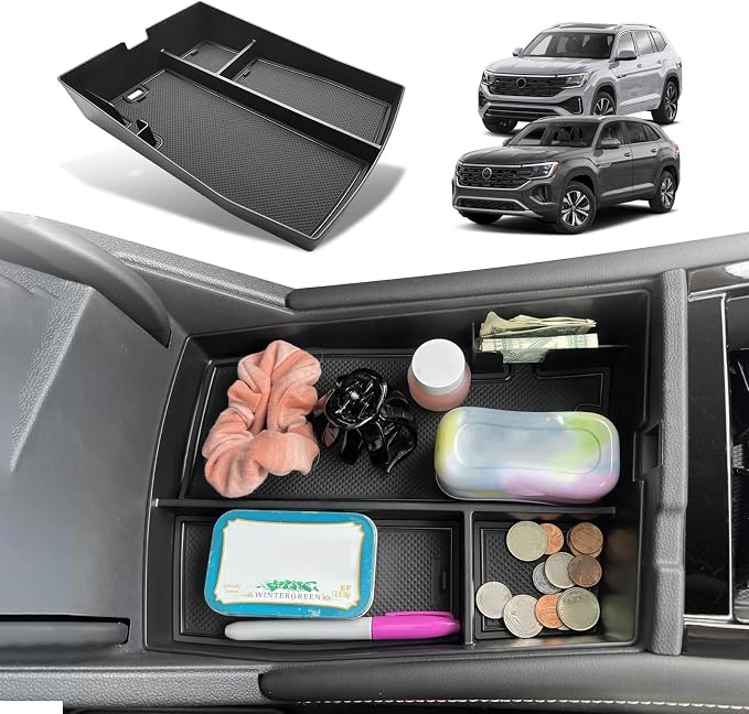 Muslogy 24 NEW Center Console Organizer Compatible with 2024 2025 2026 Volkswagen Atlas/Cross Sport Accessories Armrest Box Console Tray with Coin Holder Storage Insert (Center Console Tray)
