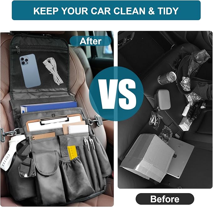Car Front Seat Organizer,Back Seat Storage with Adjustable Straps & Buckles for Car File Organizer,Multi-Compartment Law Enforcement and Truck Seat Storage with Laptop Tablet Cup Holder